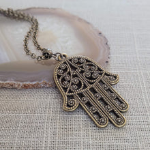 Load image into Gallery viewer, Hamsa Necklace, Bronze Hand of Fatima Protection Talisman on Rolo Chain, Bohemian Layering Jewelry