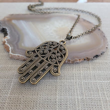 Load image into Gallery viewer, Hamsa Necklace, Bronze Hand of Fatima Protection Talisman on Rolo Chain, Bohemian Layering Jewelry