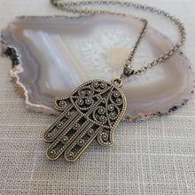 Load image into Gallery viewer, Hamsa Necklace, Bronze Hand of Fatima Protection Talisman on Rolo Chain, Bohemian Layering Jewelry