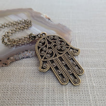 Load image into Gallery viewer, Hamsa Necklace, Bronze Hand of Fatima Protection Talisman on Rolo Chain, Bohemian Layering Jewelry