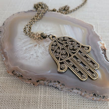 Load image into Gallery viewer, Hamsa Necklace, Bronze Hand of Fatima Protection Talisman on Rolo Chain, Bohemian Layering Jewelry