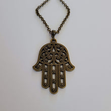 Load image into Gallery viewer, Hamsa Necklace, Bronze Hand of Fatima Protection Talisman on Rolo Chain, Bohemian Layering Jewelry