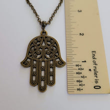 Load image into Gallery viewer, Hamsa Necklace, Bronze Hand of Fatima Protection Talisman on Rolo Chain, Bohemian Layering Jewelry