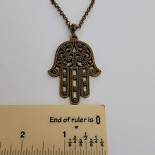 Load image into Gallery viewer, Hamsa Necklace, Bronze Hand of Fatima Protection Talisman on Rolo Chain, Bohemian Layering Jewelry