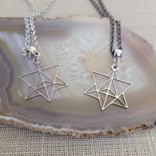 Load image into Gallery viewer, Merkaba Necklace, Your Choice of Gunmetal or Silver Rolo Chain, Mens Minimalist Jewelry