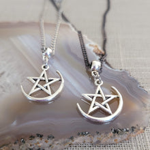 Load image into Gallery viewer, Pentagram Half Moon Necklace, Your Choice of Curb Chain, Five Pointed Star Pagan Wiccan Jewelry