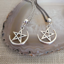 Load image into Gallery viewer, Pentagram Half Moon Necklace, Your Choice of Curb Chain, Five Pointed Star Pagan Wiccan Jewelry