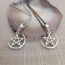 Load image into Gallery viewer, Pentagram Half Moon Necklace, Your Choice of Curb Chain, Five Pointed Star Pagan Wiccan Jewelry