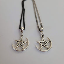 Load image into Gallery viewer, Pentagram Half Moon Necklace, Your Choice of Curb Chain, Five Pointed Star Pagan Wiccan Jewelry