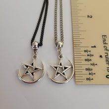 Load image into Gallery viewer, Pentagram Half Moon Necklace, Your Choice of Curb Chain, Five Pointed Star Pagan Wiccan Jewelry