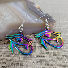 Load image into Gallery viewer, Eye of Ra Earrings, Iridescent Titanium Rainbow Plated, Dangle Drop Earrings, Egyptian Jewelry