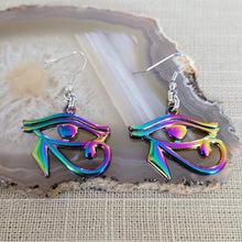 Load image into Gallery viewer, Eye of Ra Earrings, Iridescent Titanium Rainbow Plated, Dangle Drop Earrings, Egyptian Jewelry