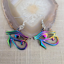 Load image into Gallery viewer, Eye of Ra Earrings, Iridescent Titanium Rainbow Plated, Dangle Drop Earrings, Egyptian Jewelry