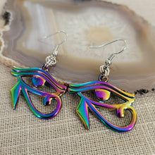 Load image into Gallery viewer, Eye of Ra Earrings, Iridescent Titanium Rainbow Plated, Dangle Drop Earrings, Egyptian Jewelry