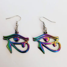 Load image into Gallery viewer, Eye of Ra Earrings, Iridescent Titanium Rainbow Plated, Dangle Drop Earrings, Egyptian Jewelry