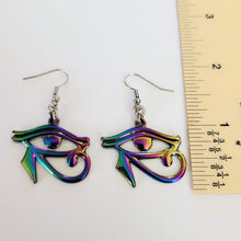 Load image into Gallery viewer, Eye of Ra Earrings, Iridescent Titanium Rainbow Plated, Dangle Drop Earrings, Egyptian Jewelry