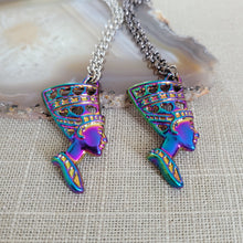 Load image into Gallery viewer, Titanium Queen Nefertiti Necklace, Your Choice of Rolo Chain, Egyptian Rainbow Iridescent Mixed Metals Jewelry