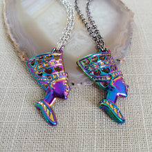 Load image into Gallery viewer, Titanium Queen Nefertiti Necklace, Your Choice of Rolo Chain, Egyptian Rainbow Iridescent Mixed Metals Jewelry