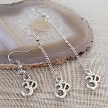 Load image into Gallery viewer, Ohm Om Aum Earrings, Long Dangle Drop Chain Earrings, Bohemian Yoga Jewelry