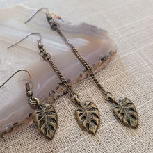Load image into Gallery viewer, Monstera Leaf Earrings, Your Choice of Three Lengths, Dangle Drop Chain Earrings