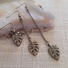 Load image into Gallery viewer, Monstera Leaf Earrings, Your Choice of Three Lengths, Dangle Drop Chain Earrings