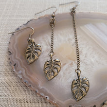 Load image into Gallery viewer, Monstera Leaf Earrings, Your Choice of Three Lengths, Dangle Drop Chain Earrings