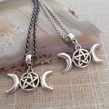 Load image into Gallery viewer, Triple Moon Necklace, Your Choice of Gunmetal or Silver Rolo Chain, Pagan Goddess Jewelry