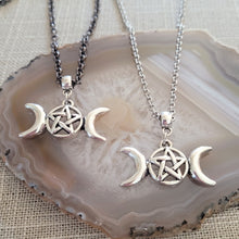 Load image into Gallery viewer, Triple Moon Necklace, Your Choice of Gunmetal or Silver Rolo Chain, Pagan Goddess Jewelry