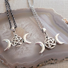 Load image into Gallery viewer, Triple Moon Necklace, Your Choice of Gunmetal or Silver Rolo Chain, Pagan Goddess Jewelry