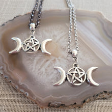 Load image into Gallery viewer, Triple Moon Necklace, Your Choice of Gunmetal or Silver Rolo Chain, Pagan Goddess Jewelry