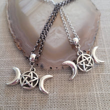 Load image into Gallery viewer, Triple Moon Necklace, Your Choice of Gunmetal or Silver Rolo Chain, Pagan Goddess Jewelry