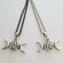 Load image into Gallery viewer, Triple Moon Necklace, Your Choice of Gunmetal or Silver Rolo Chain, Pagan Goddess Jewelry