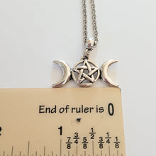 Load image into Gallery viewer, Triple Moon Necklace, Your Choice of Gunmetal or Silver Rolo Chain, Pagan Goddess Jewelry