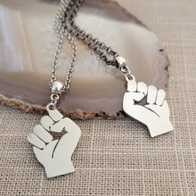 Load image into Gallery viewer, Raised Fist Necklace, Your Choice of Gunmetal or Silver Rolo Chain, Black Power BLM Resist Jewelry