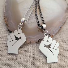 Load image into Gallery viewer, Raised Fist Necklace, Your Choice of Gunmetal or Silver Rolo Chain, Black Power BLM Resist Jewelry