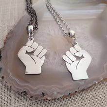 Load image into Gallery viewer, Raised Fist Necklace, Your Choice of Gunmetal or Silver Rolo Chain, Black Power BLM Resist Jewelry