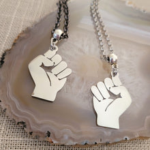 Load image into Gallery viewer, Raised Fist Necklace, Your Choice of Gunmetal or Silver Rolo Chain, Black Power BLM Resist Jewelry