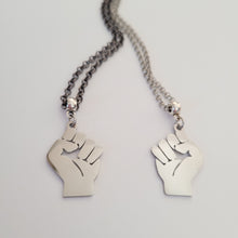 Load image into Gallery viewer, Raised Fist Necklace, Your Choice of Gunmetal or Silver Rolo Chain, Black Power BLM Resist Jewelry