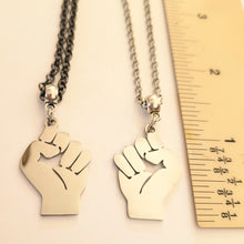Load image into Gallery viewer, Raised Fist Necklace, Your Choice of Gunmetal or Silver Rolo Chain, Black Power BLM Resist Jewelry
