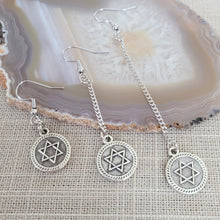 Load image into Gallery viewer, Star of David Earrings,  Your Choice of Three Lengths, Long Dangle Chain Earrings