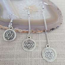 Load image into Gallery viewer, Star of David Earrings,  Your Choice of Three Lengths, Long Dangle Chain Earrings