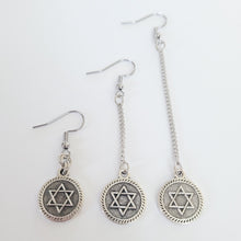 Load image into Gallery viewer, Star of David Earrings,  Your Choice of Three Lengths, Long Dangle Chain Earrings