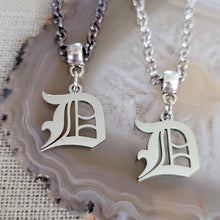Load image into Gallery viewer, Detroit Necklace, Olde English D Necklace, Your Choice of Gunmetal or Silver Rolo Chain, 313 Jewelry