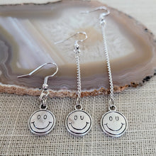 Load image into Gallery viewer, Smiley Face Earrings, Your Choice of Three Lengths, Dangle Drop Chain Earrings
