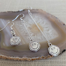 Load image into Gallery viewer, Smiley Face Earrings, Your Choice of Three Lengths, Dangle Drop Chain Earrings