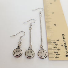 Load image into Gallery viewer, Smiley Face Earrings, Your Choice of Three Lengths, Dangle Drop Chain Earrings
