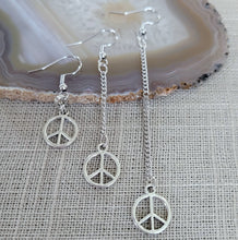 Load image into Gallery viewer, Peace Sign Earrings, Your Choice of Three Lengths, Dangle Drop Chain Earrings