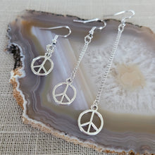 Load image into Gallery viewer, Peace Sign Earrings, Your Choice of Three Lengths, Dangle Drop Chain Earrings