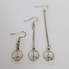 Load image into Gallery viewer, Peace Sign Earrings, Your Choice of Three Lengths, Dangle Drop Chain Earrings