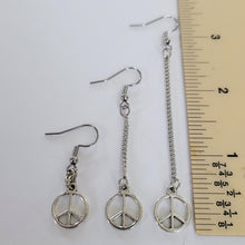 Load image into Gallery viewer, Peace Sign Earrings, Your Choice of Three Lengths, Dangle Drop Chain Earrings